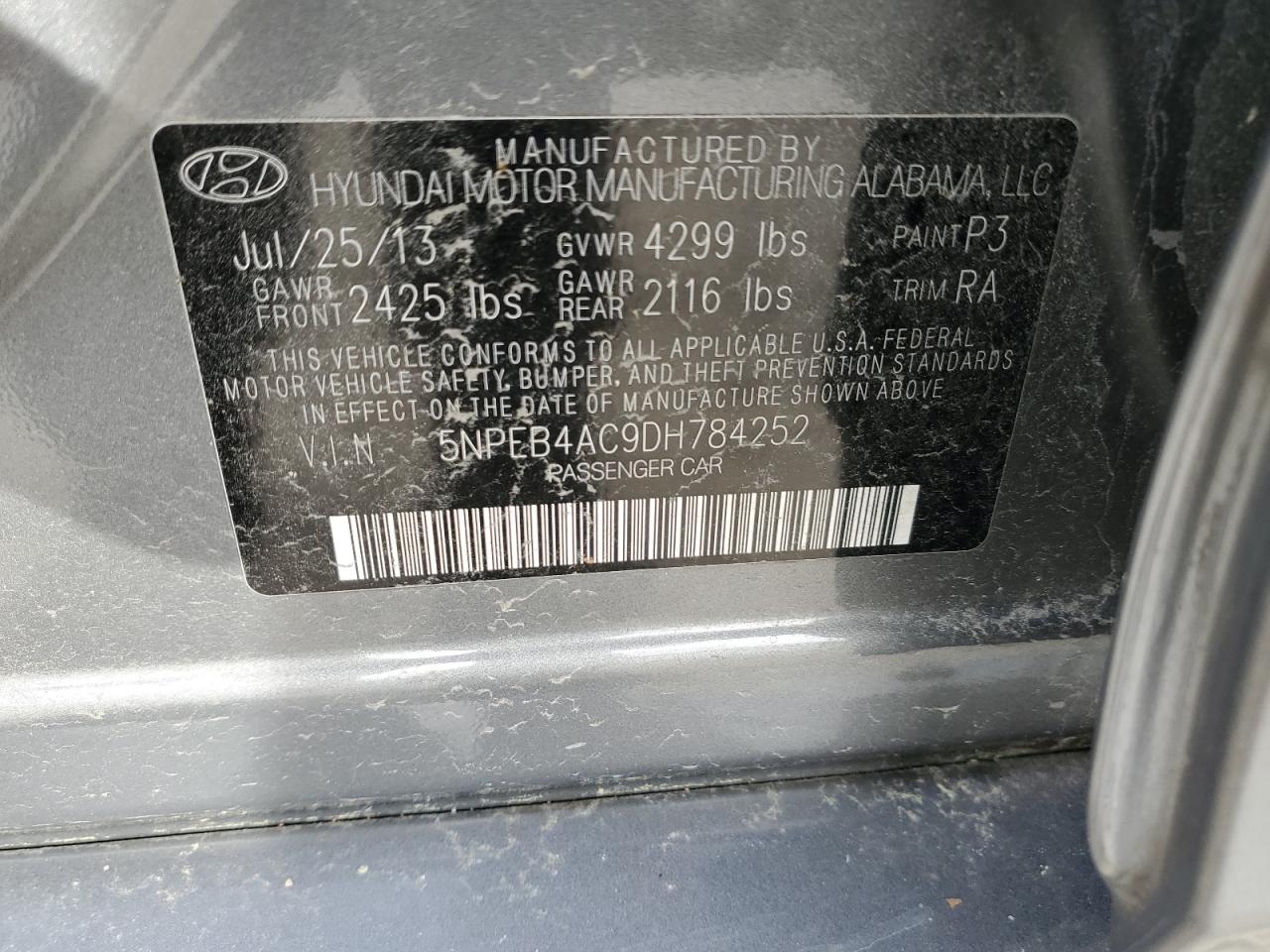 5NPEB4AC9DH784252 2013 Hyundai Sonata Gls