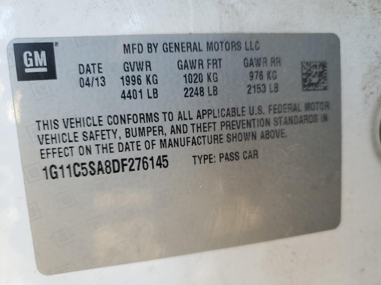 1G11C5SA8DF276145 2013 Chevrolet Malibu 1Lt