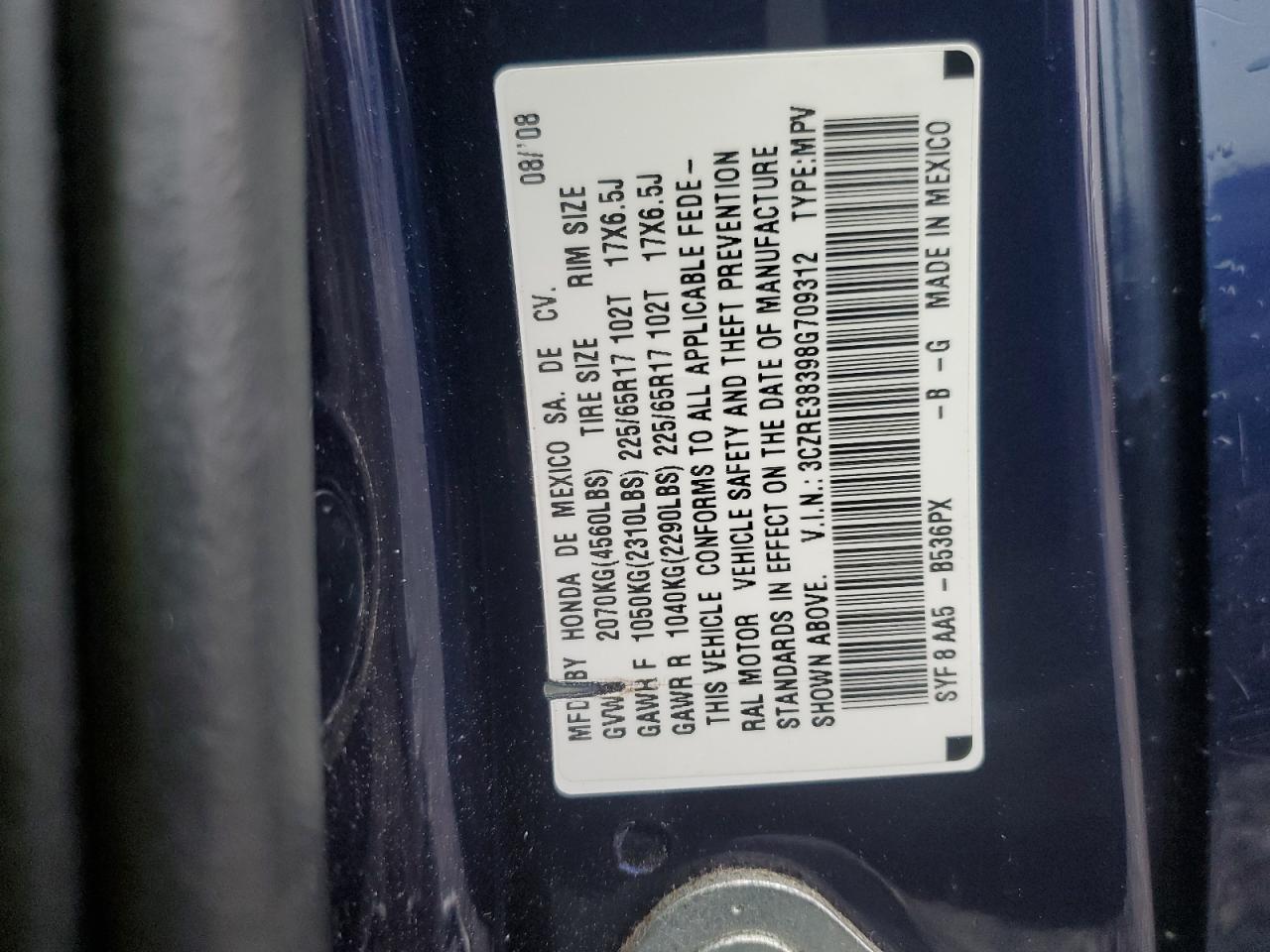 3CZRE38398G709312 2008 Honda Cr-V Lx