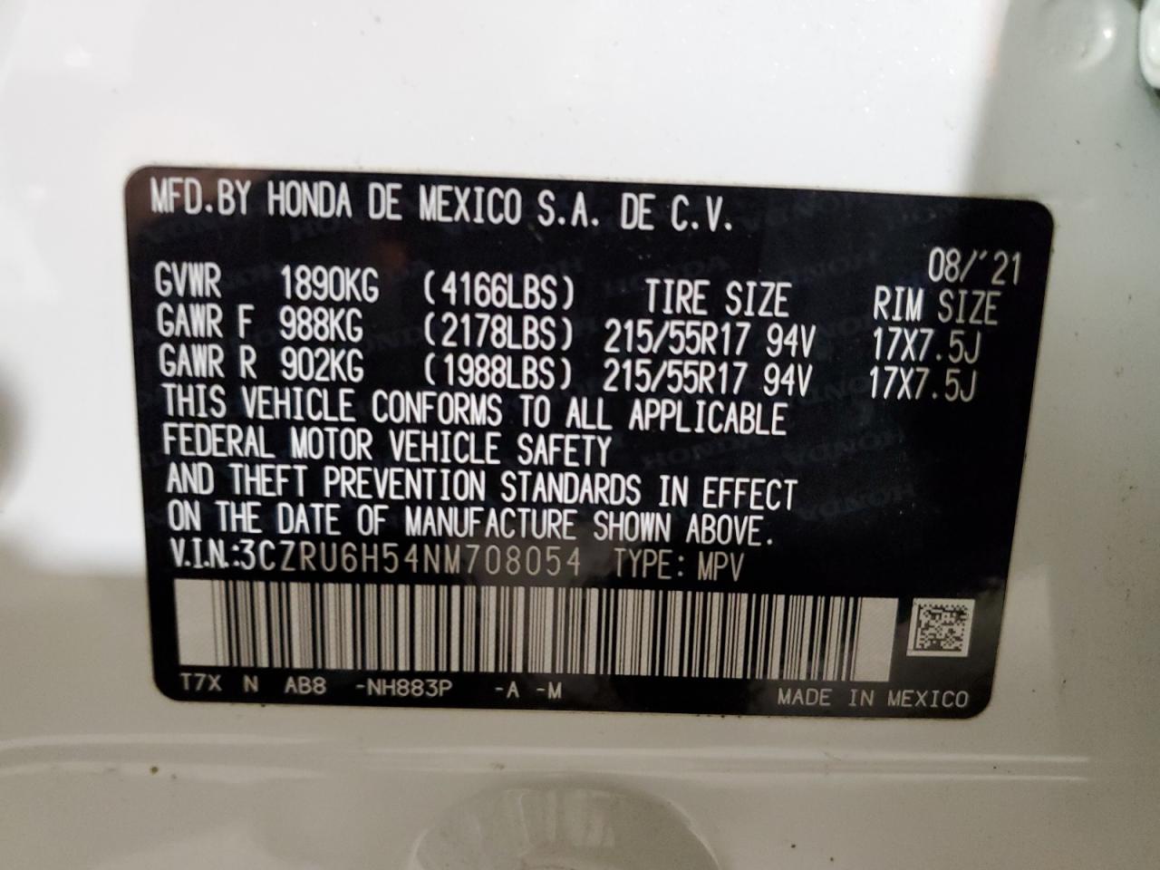 3CZRU6H54NM708054 2022 Honda Hr-V Ex