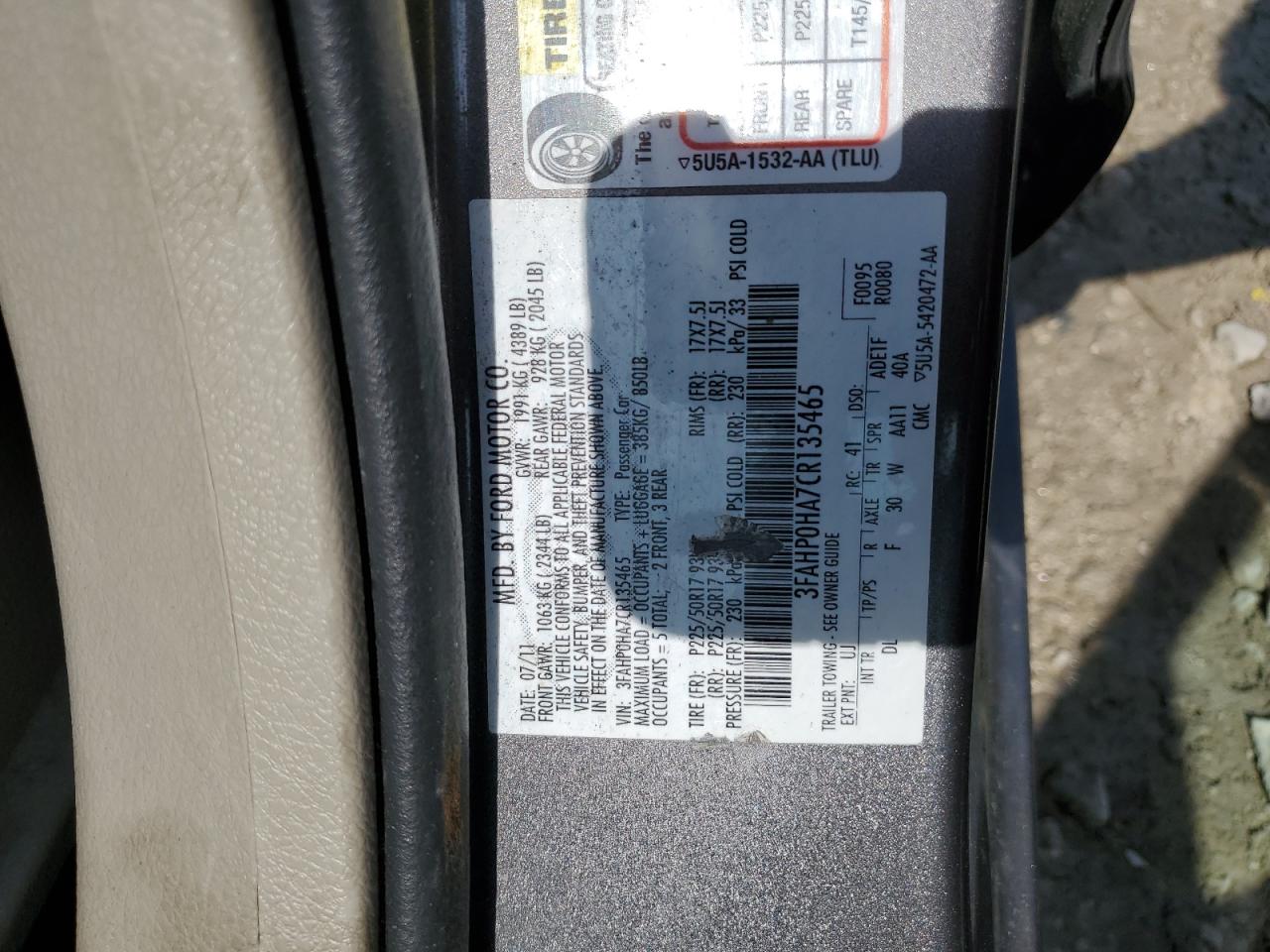 3FAHP0HA7CR135465 2012 Ford Fusion Se