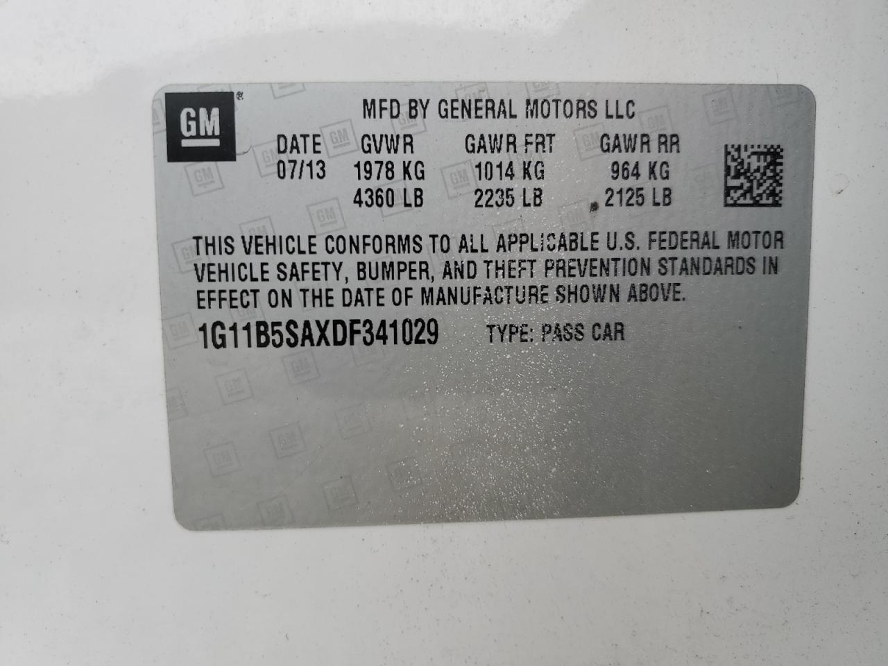 1G11B5SAXDF341029 2013 Chevrolet Malibu Ls