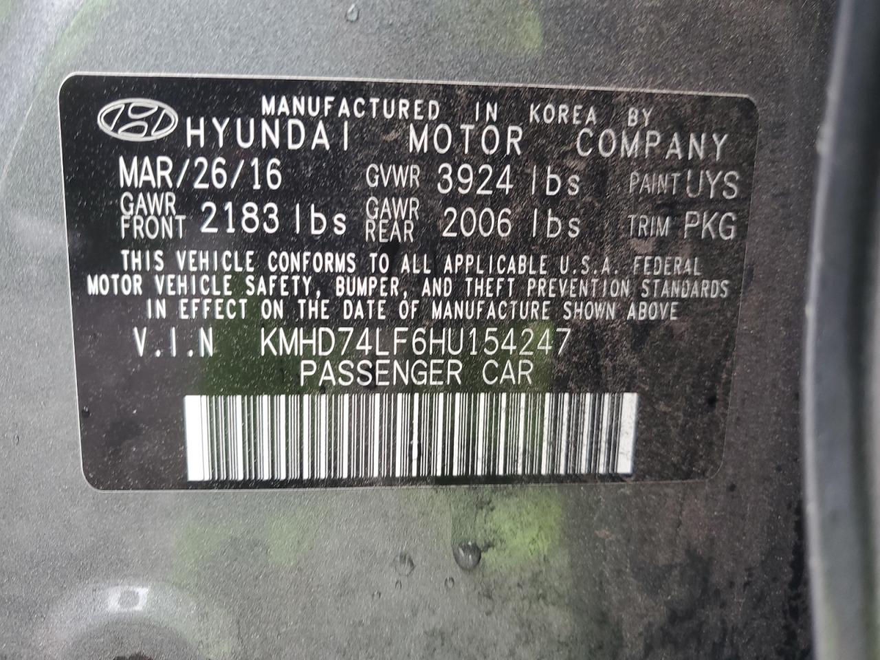 KMHD74LF6HU154247 2017 Hyundai Elantra Se