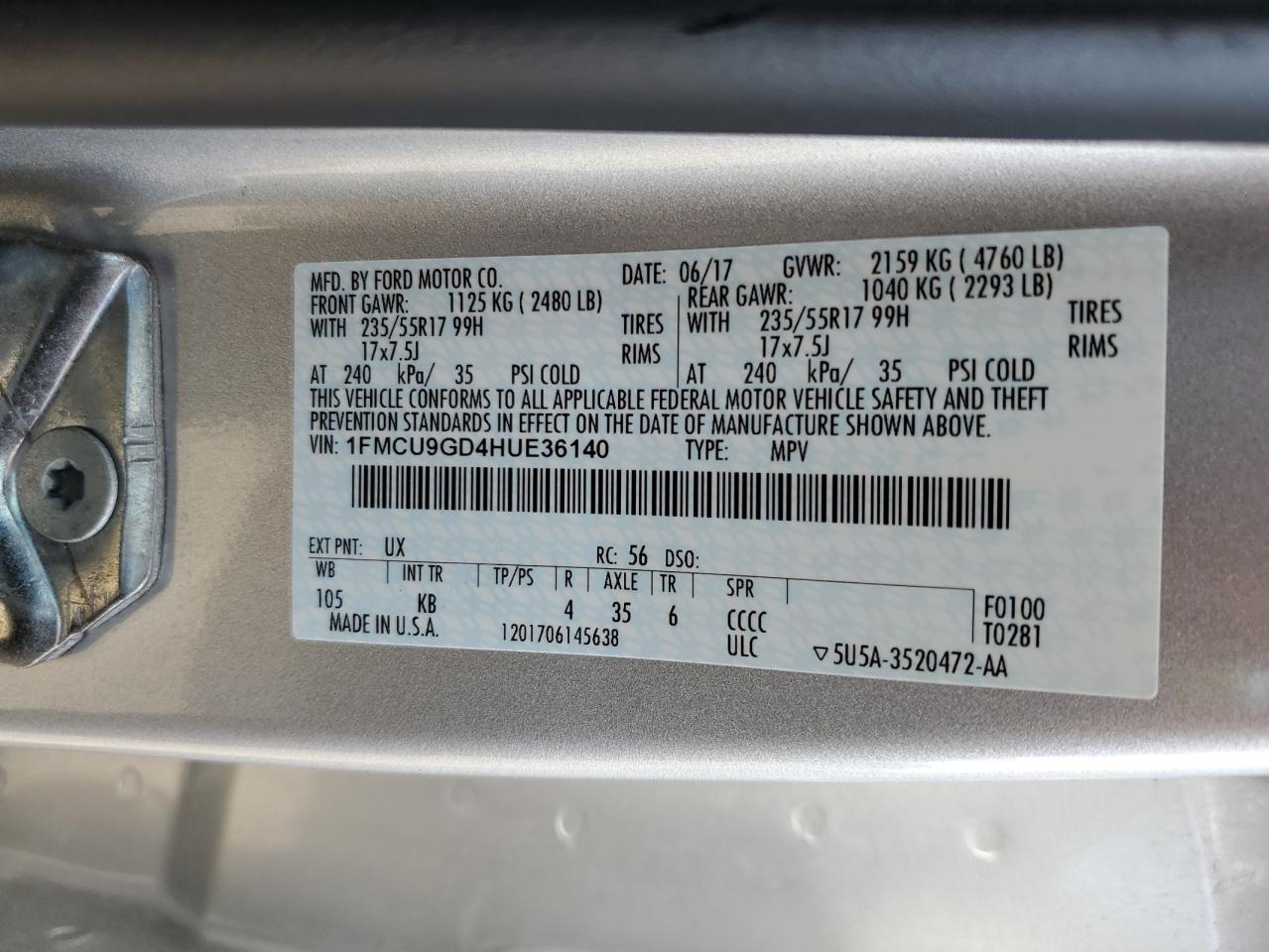 1FMCU9GD4HUE36140 2017 Ford Escape Se