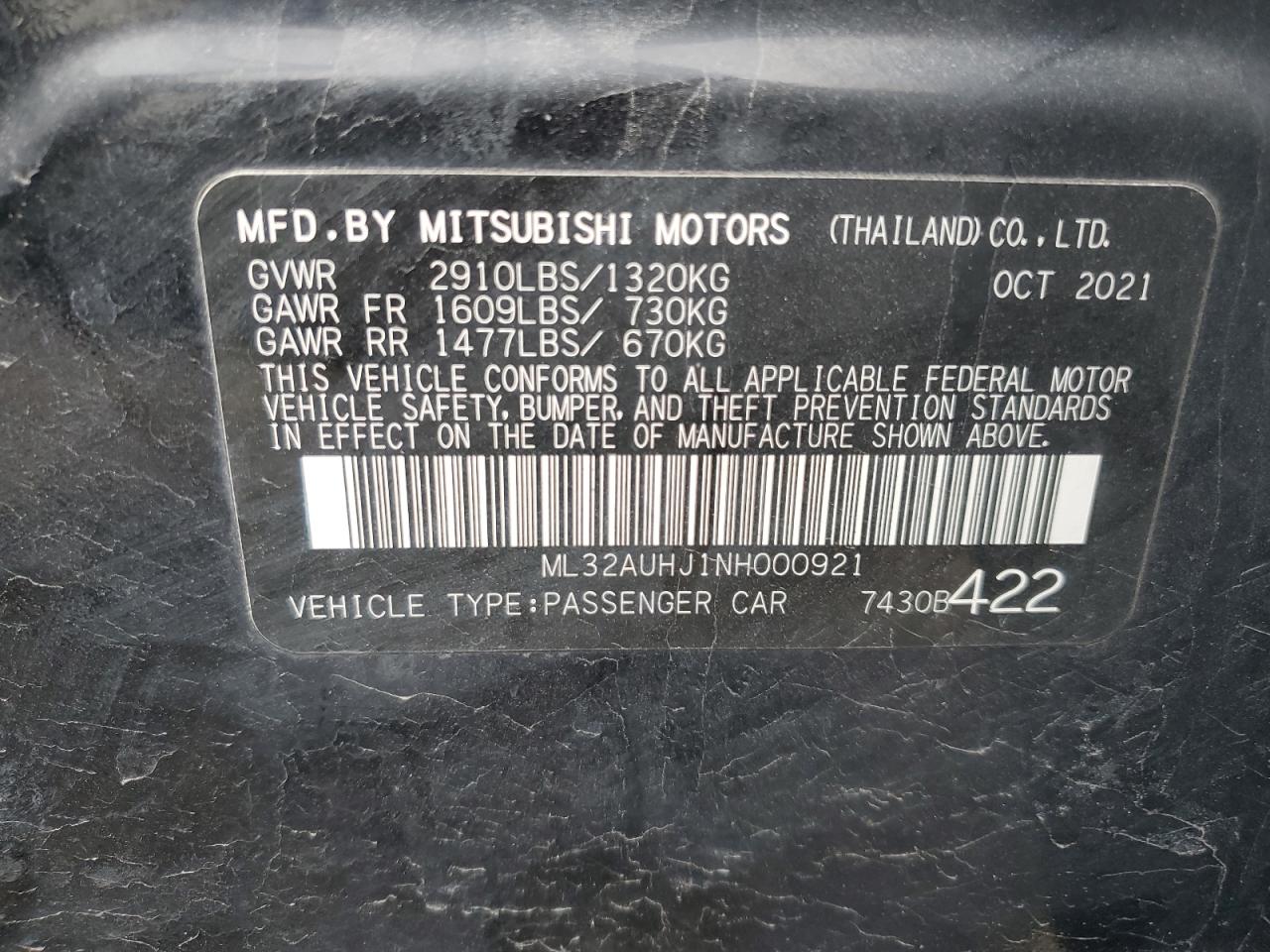ml32auhj1nh000921 ML32AUHJ1NH000921 2022 Mitsubishi Mirage Es