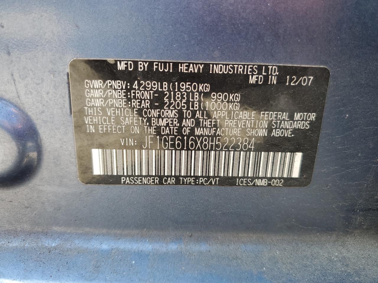 JF1GE616X8H522384 2008 Subaru Impreza 2.5I