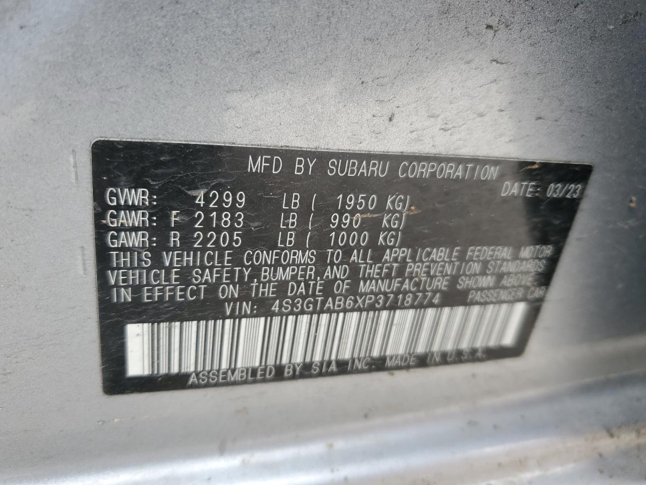 4S3GTAB6XP3718774 2023 Subaru Impreza