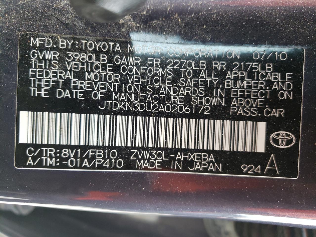 JTDKN3DU2A0206172 2010 Toyota Prius