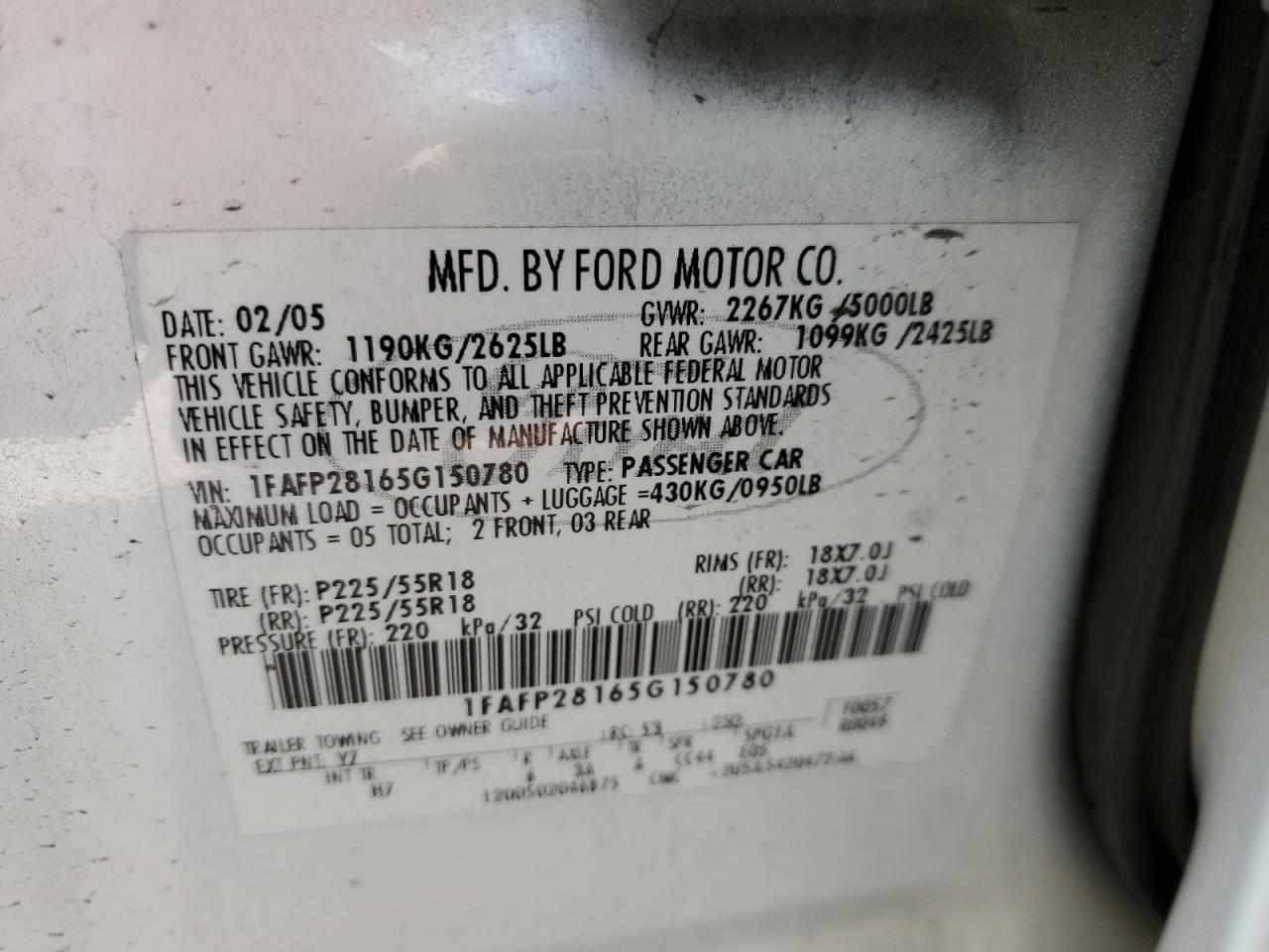 1FAFP28165G150780 2005 Ford Five Hundred Limited