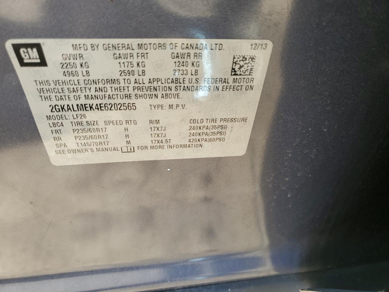 2GKALMEK4E6202565 2014 GMC Terrain Sle