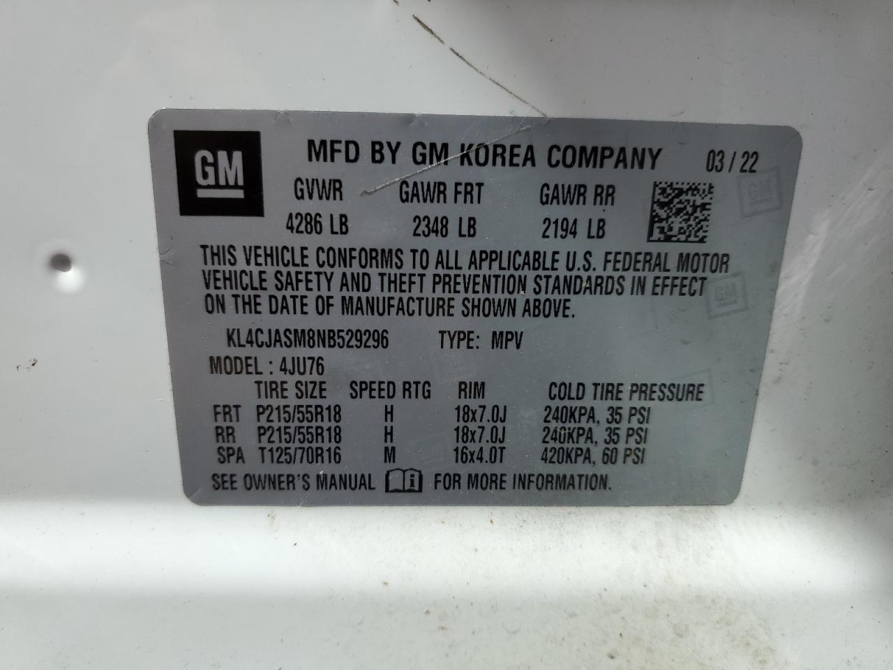 2022 Buick Encore Preferred vin: KL4CJASM8NB529296