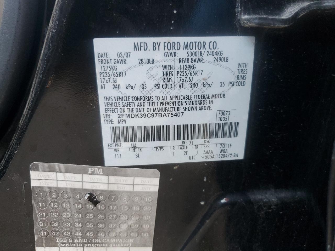 2FMDK39C97BA75407 2007 Ford Edge Sel Plus