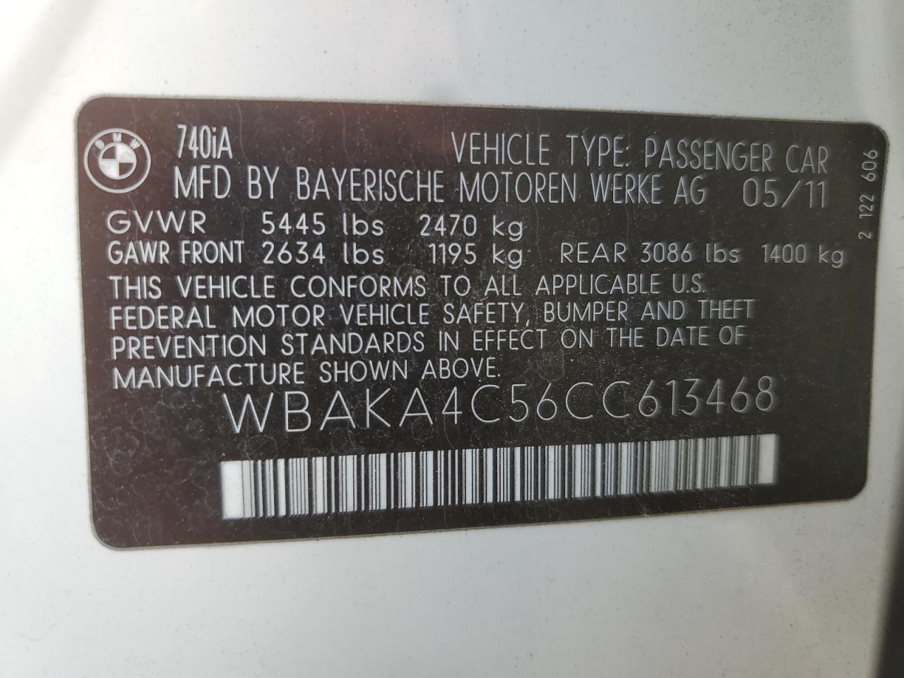 WBAKA4C56CC613468 2012 BMW 740 I