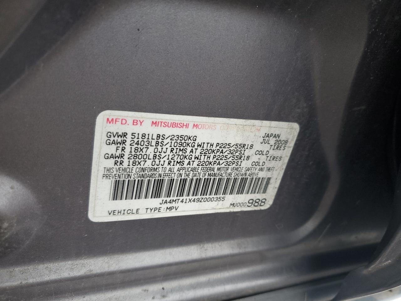 JA4MT41X49Z000355 2009 Mitsubishi Outlander Xls