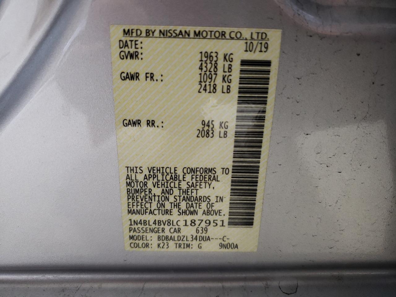 1N4BL4BV8LC187951 2020 Nissan Altima S