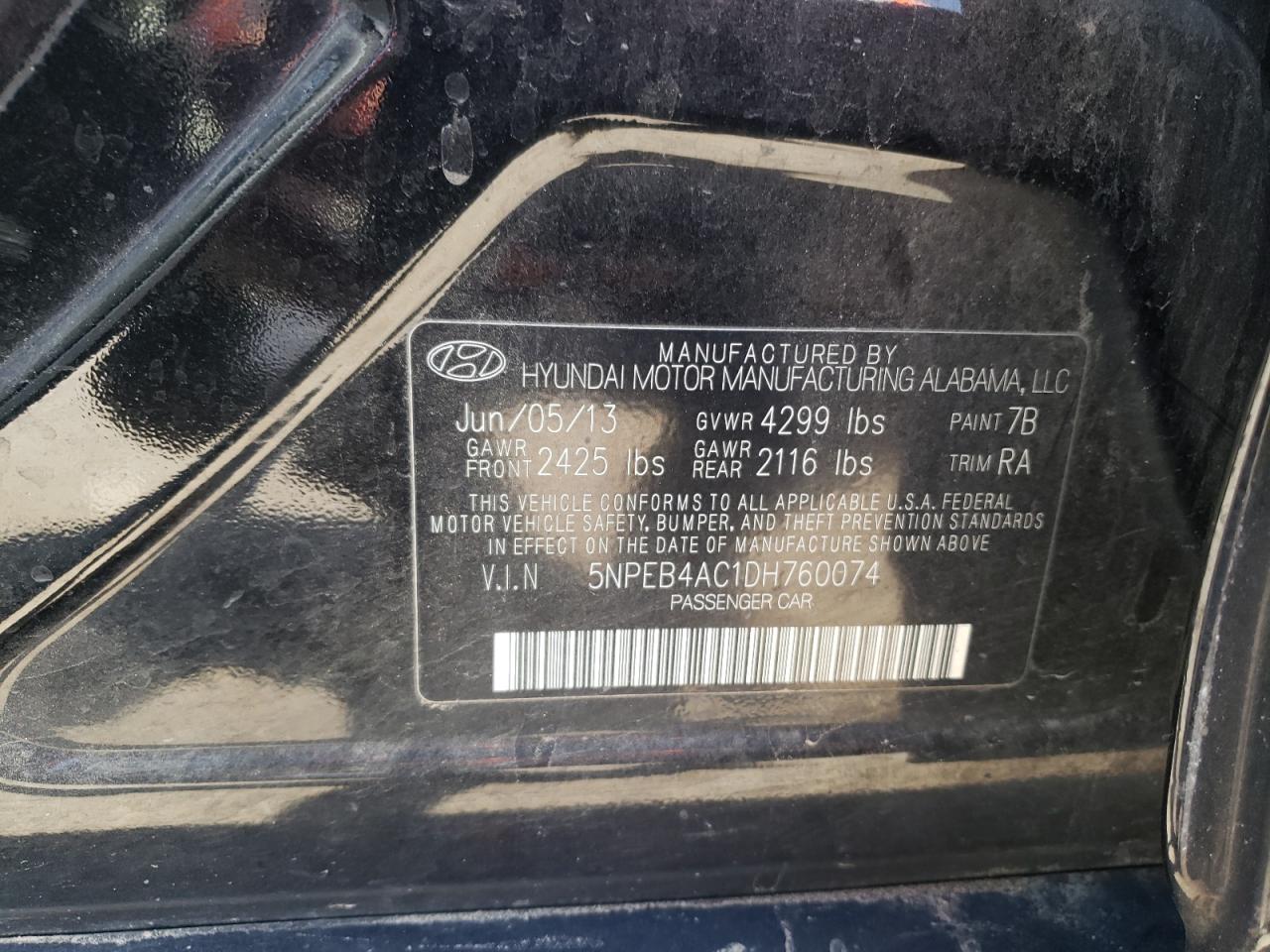 5NPEB4AC1DH760074 2013 Hyundai Sonata Gls