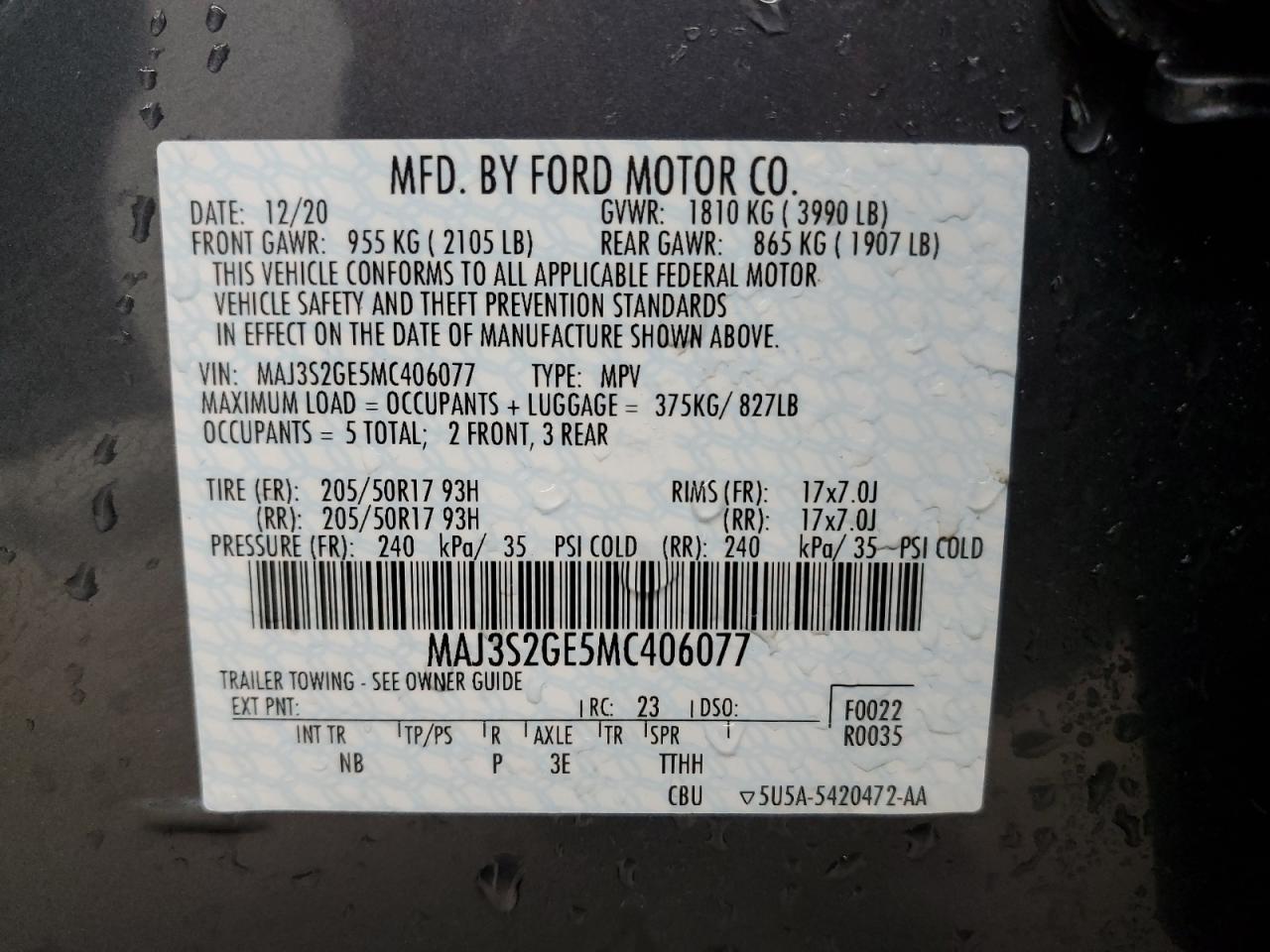 MAJ3S2GE5MC406077 2021 Ford Ecosport Se