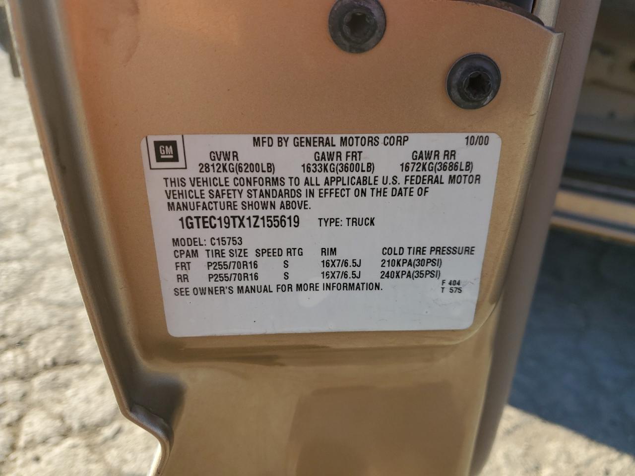 1GTEC19TX1Z155619 2001 GMC New Sierra C1500