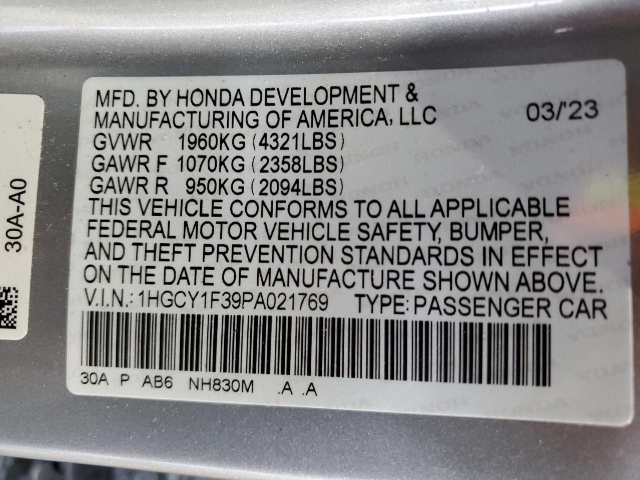 2023 Honda Accord Ex 1.5L(VIN: 1HGCY1F39PA021769