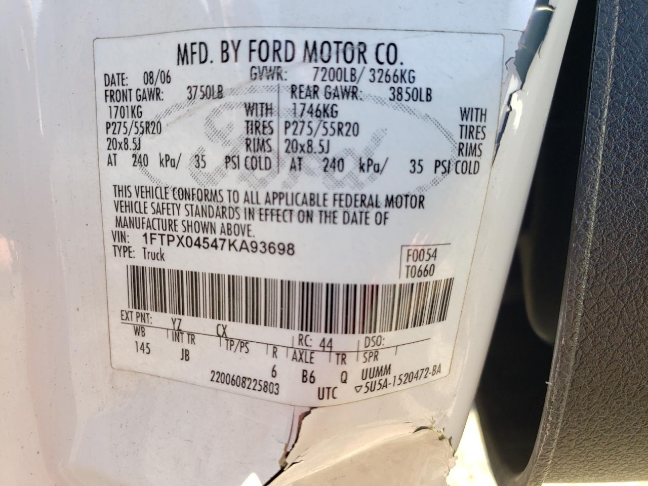 1FTPX04547KA93698 2007 Ford F150