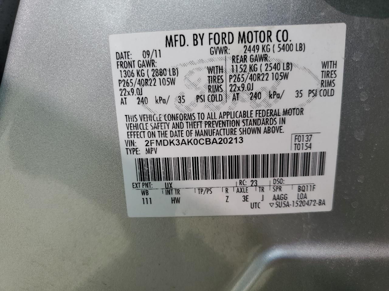 2FMDK3AK0CBA20213 2012 Ford Edge Sport