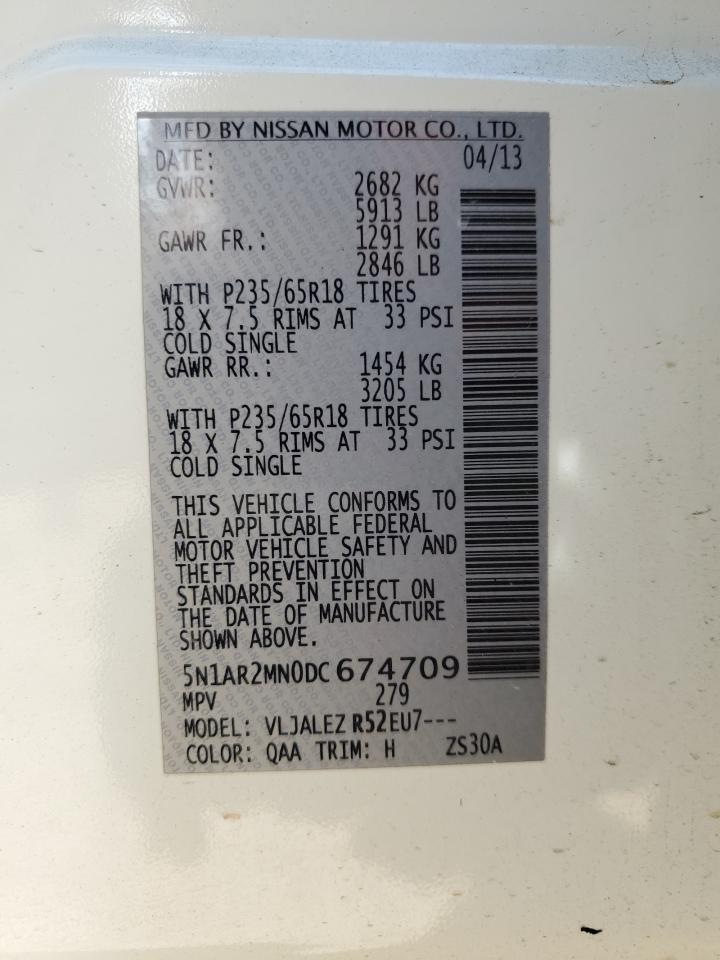 5N1AR2MN0DC674709 2013 Nissan Pathfinder S