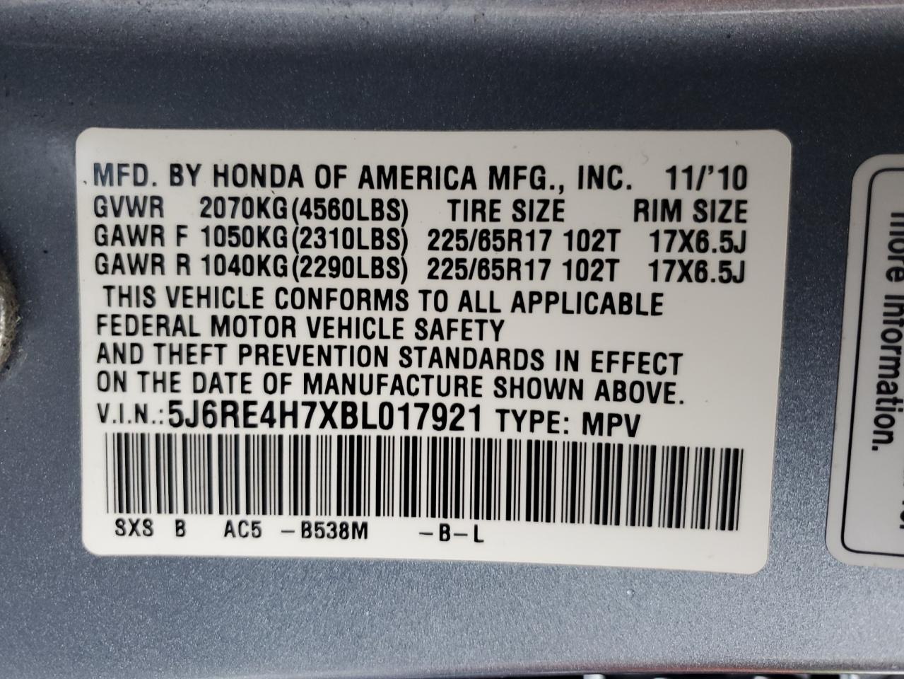 5J6RE4H7XBL017921 2011 Honda Cr-V Exl