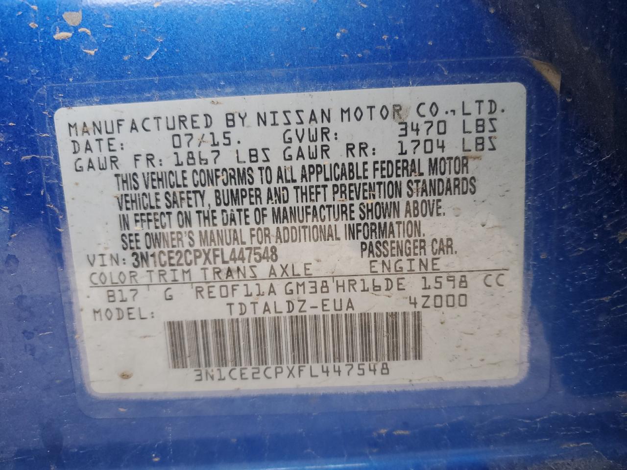 3N1CE2CPXFL447548 2015 Nissan Versa Note S