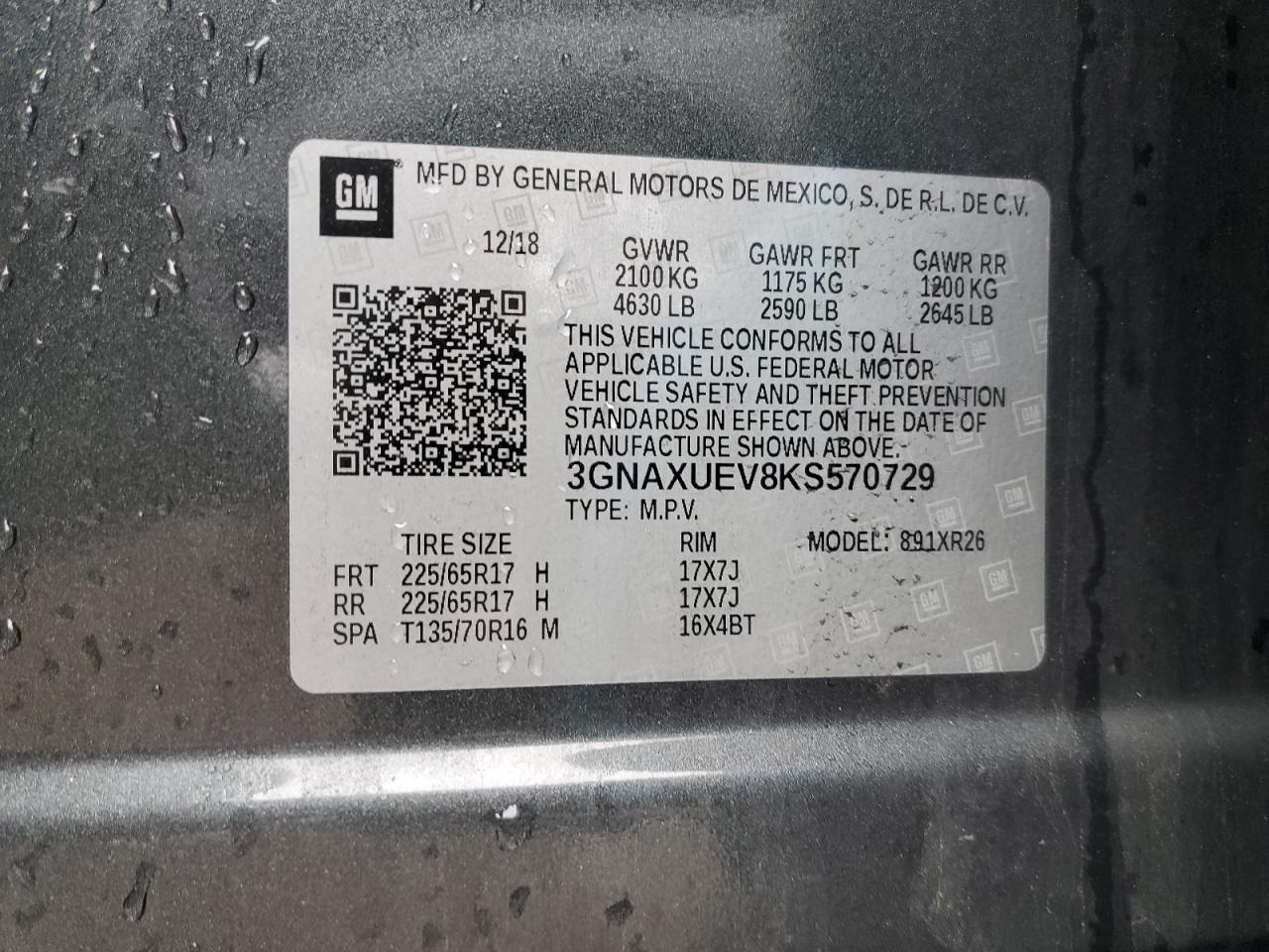 3GNAXUEV8KS570729 2019 Chevrolet Equinox Lt