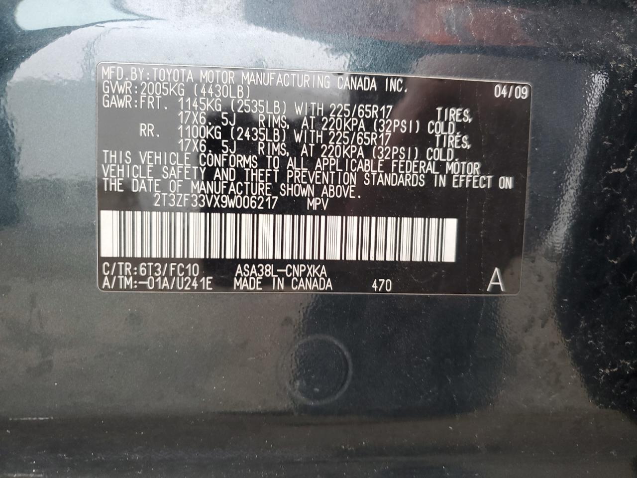 2T3ZF33VX9W006217 2009 Toyota Rav4