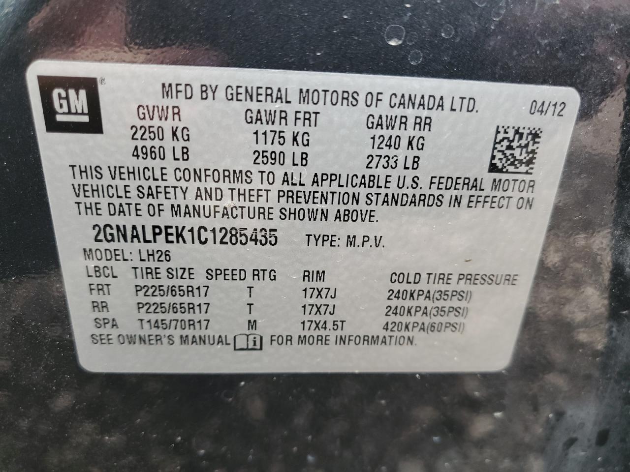 2GNALPEK1C1285435 2012 Chevrolet Equinox Lt