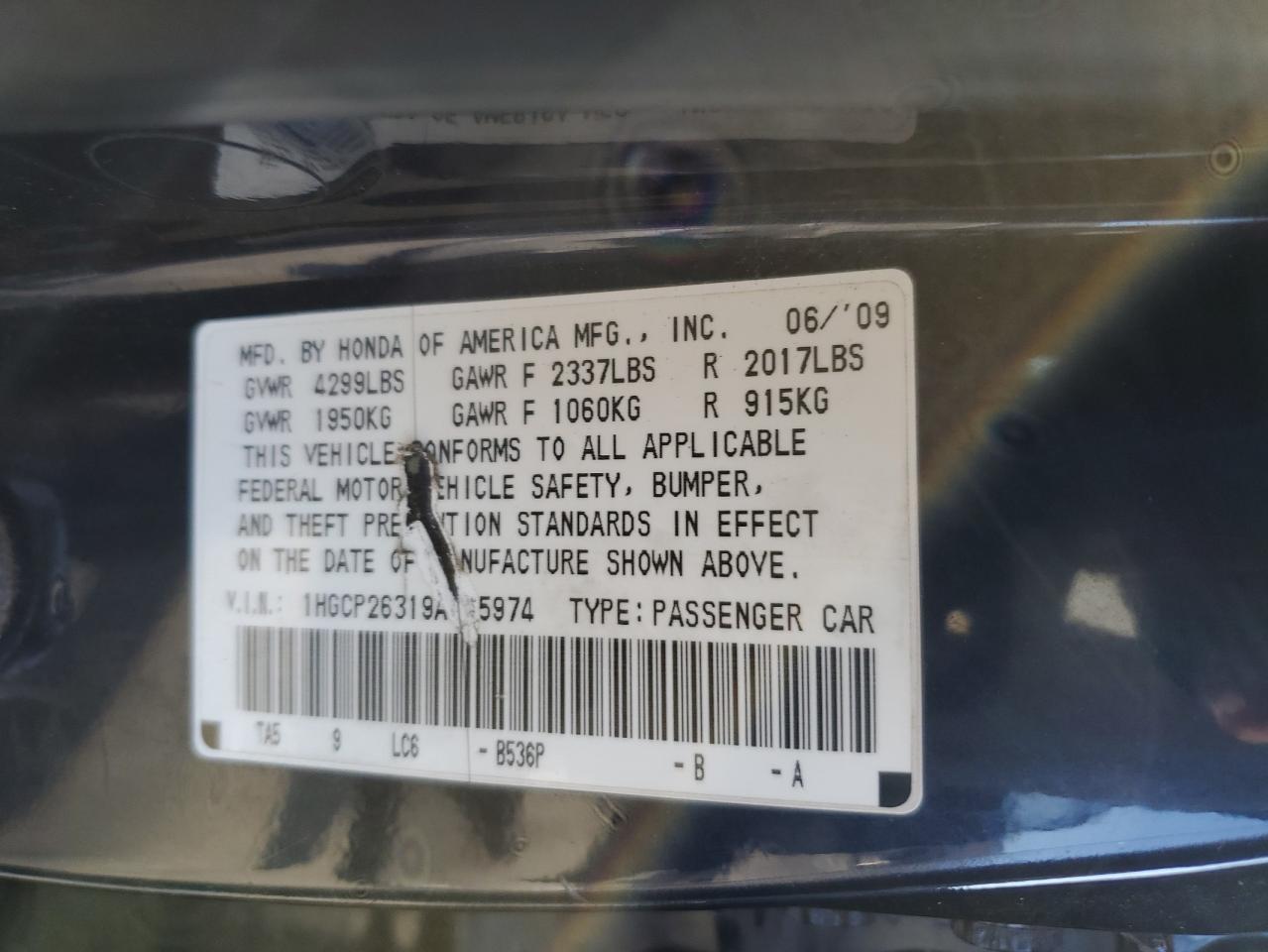 1HGCP26319A165974 2009 Honda Accord Lx