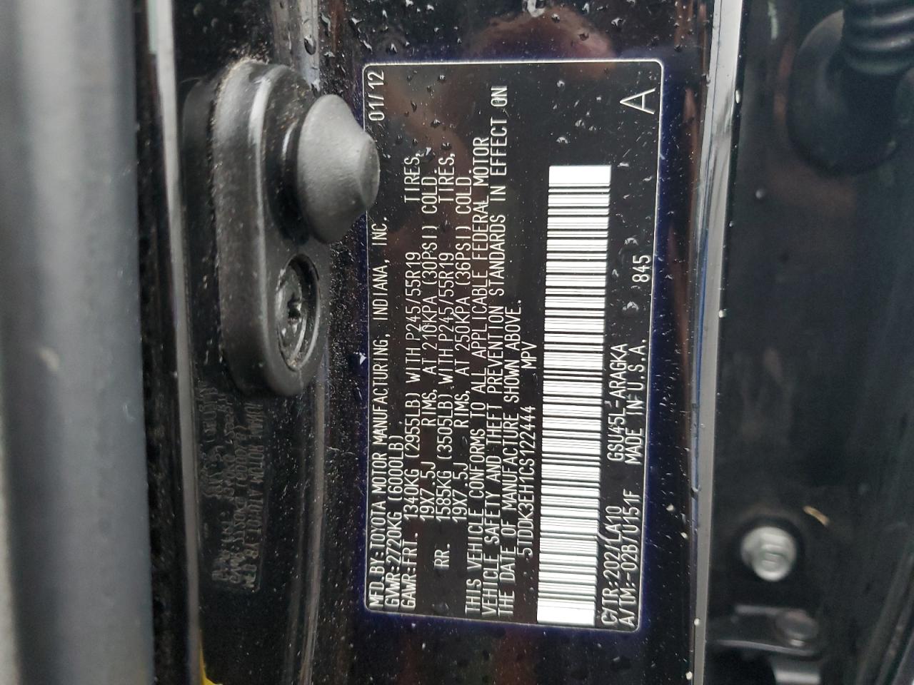 5TDDK3EH1CS122444 2012 Toyota Highlander Limited