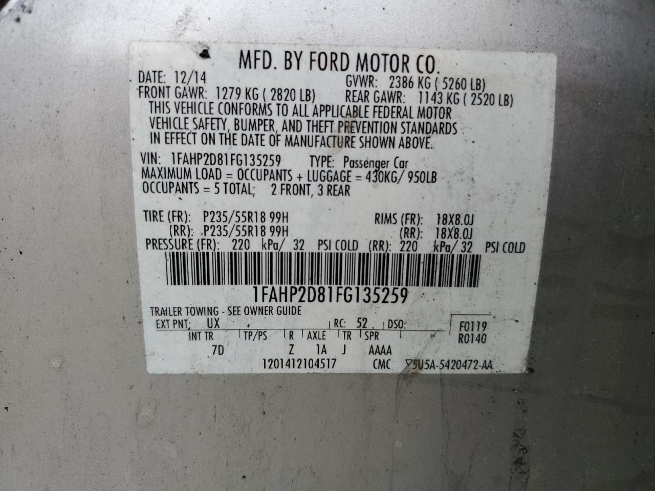 1FAHP2D81FG135259 2015 Ford Taurus Se