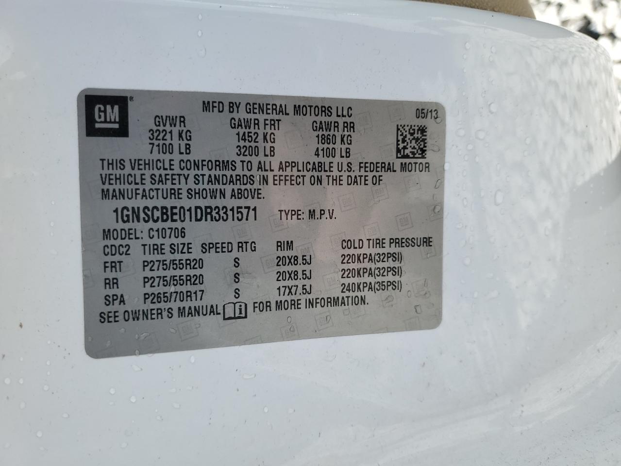 1GNSCBE01DR331571 2013 Chevrolet Tahoe C1500 Lt