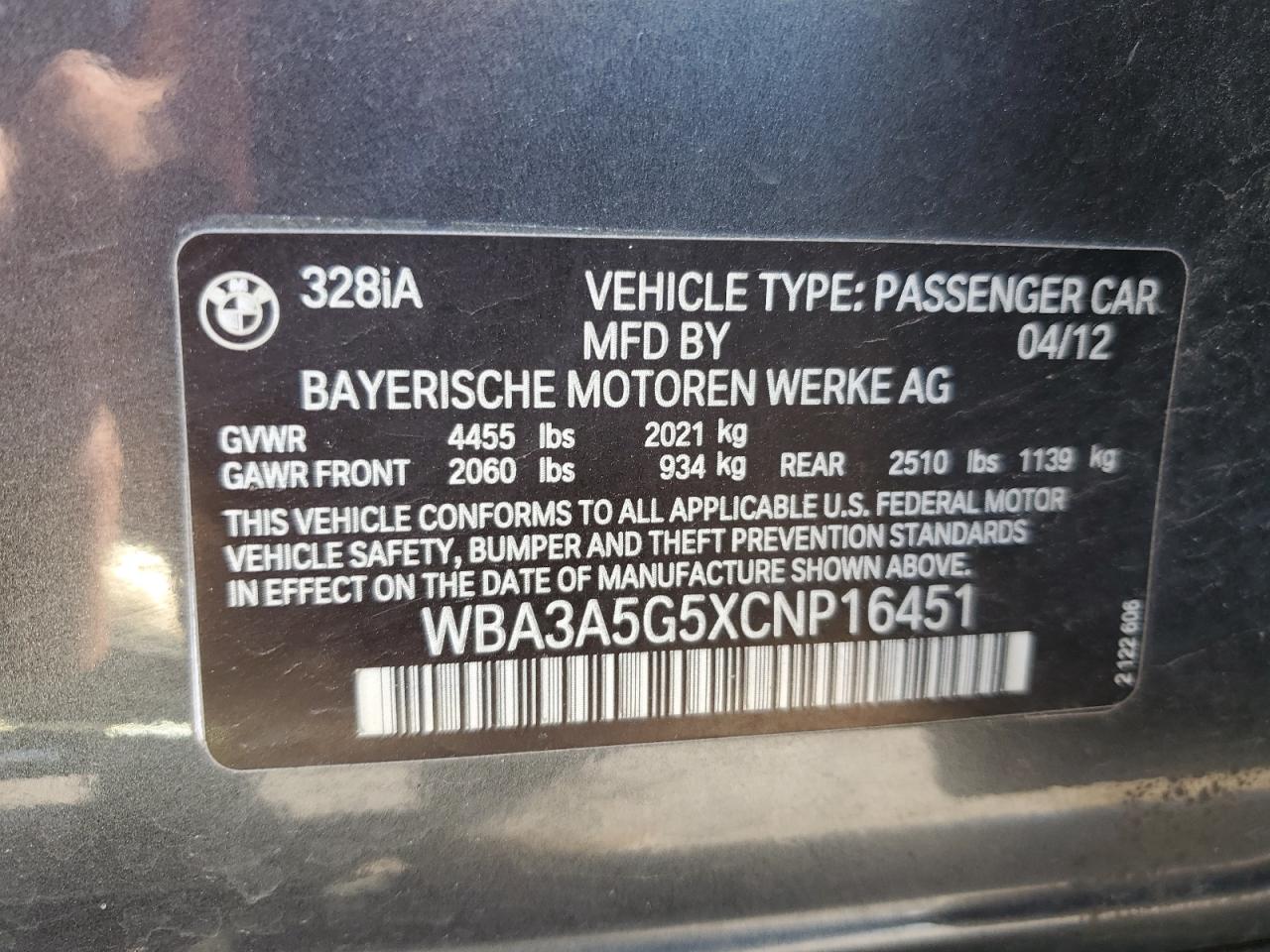 WBA3A5G5XCNP16451 2012 BMW 328 I