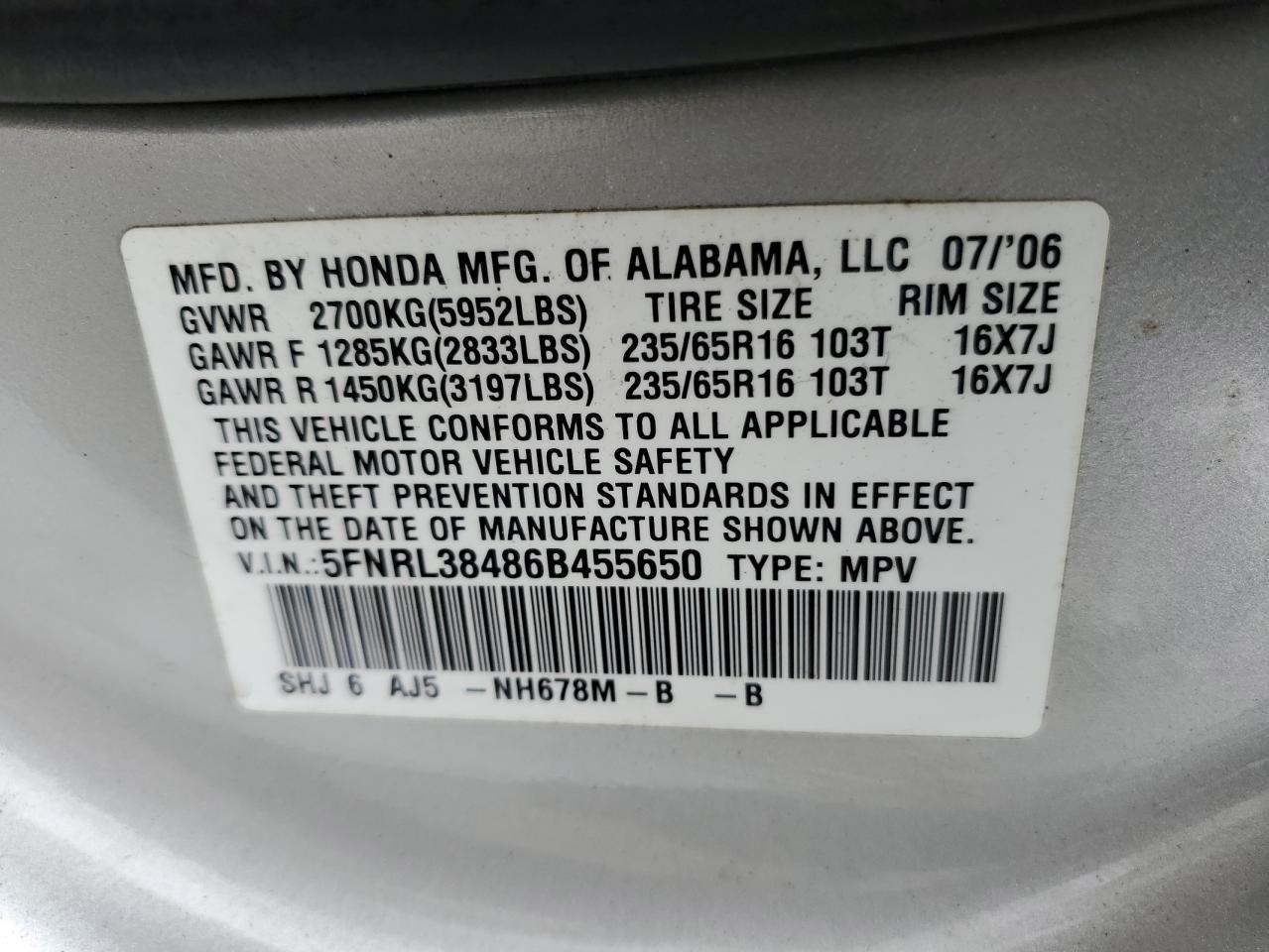 5FNRL38486B455650 2006 Honda Odyssey Ex