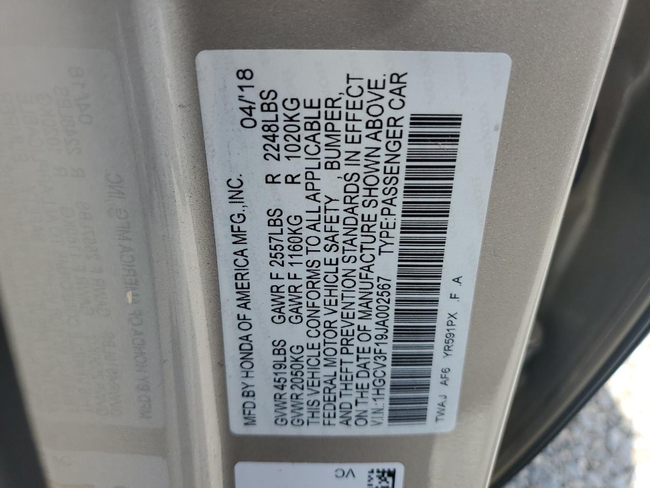 1HGCV3F19JA002567 2018 Honda Accord Hybrid