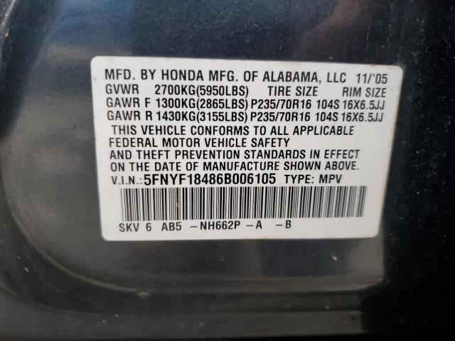 2006 Honda Pilot Ex VIN: 5FNYF18486B006105 Lot: 39662684