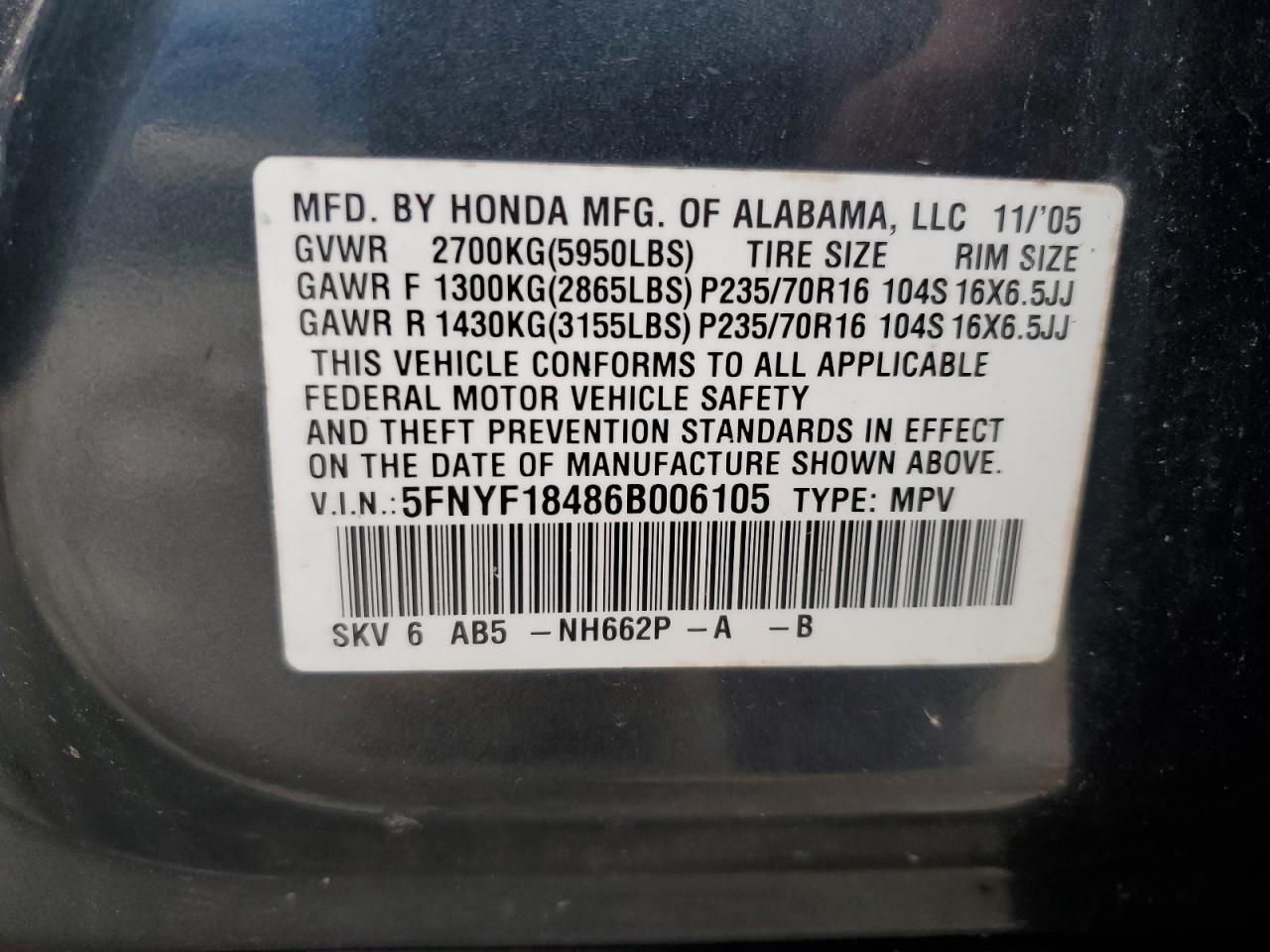 5FNYF18486B006105 2006 Honda Pilot Ex