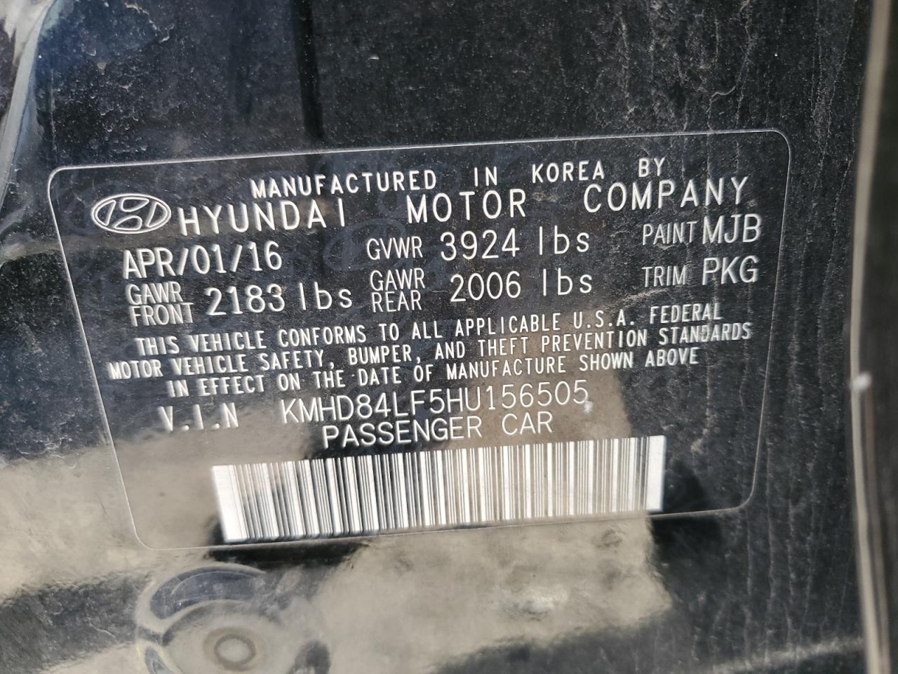 KMHD84LF5HU156505 2017 Hyundai Elantra Se