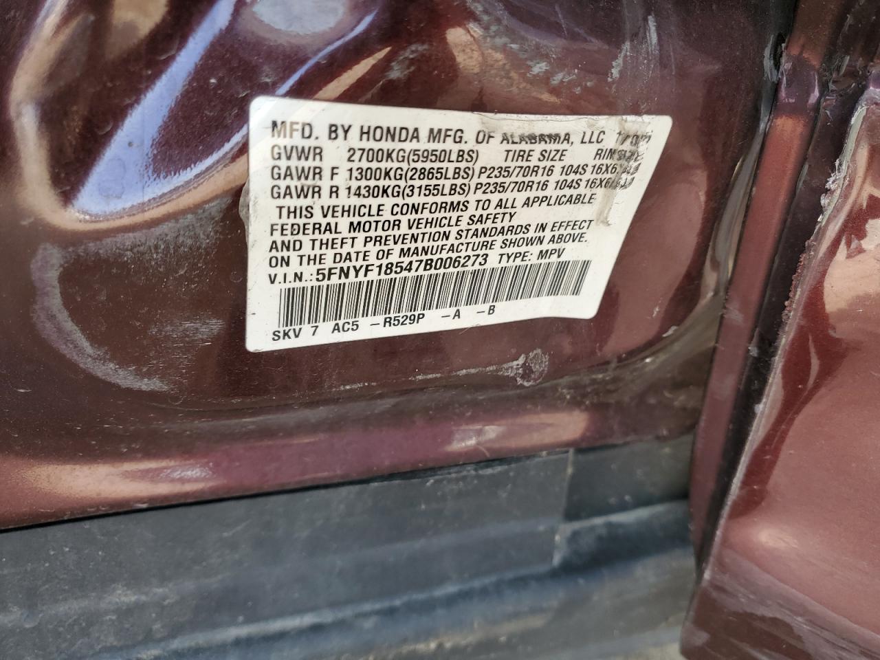 5FNYF18547B006273 2007 Honda Pilot Exl