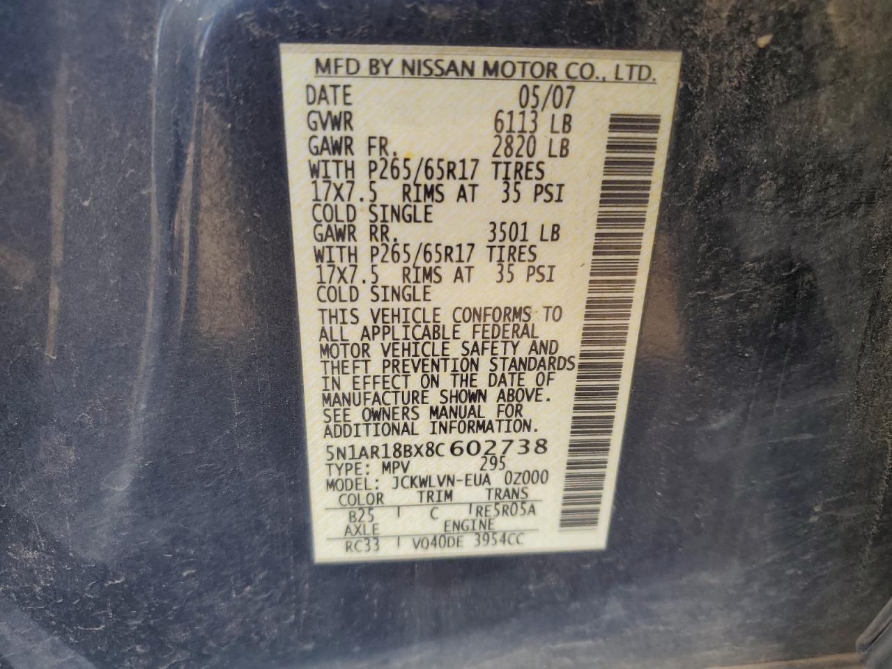 5N1AR18BX8C602738 2008 Nissan Pathfinder S