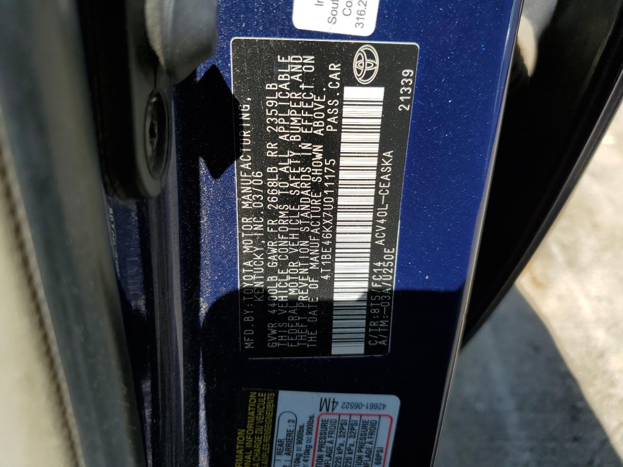 4T1BE46KX7U011175 2007 Toyota Camry Ce