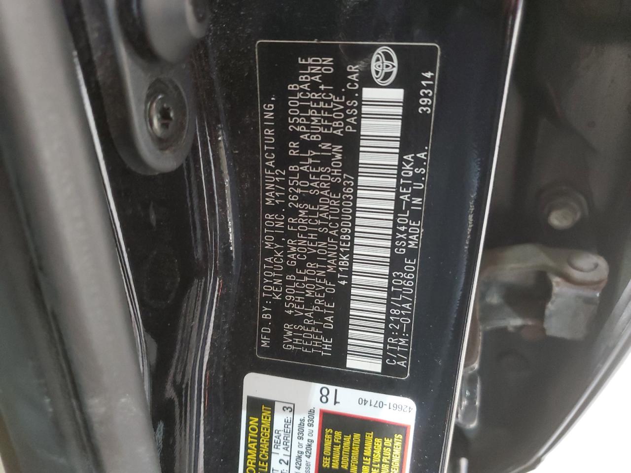 4T1BK1EB9DU003637 2013 Toyota Avalon Base