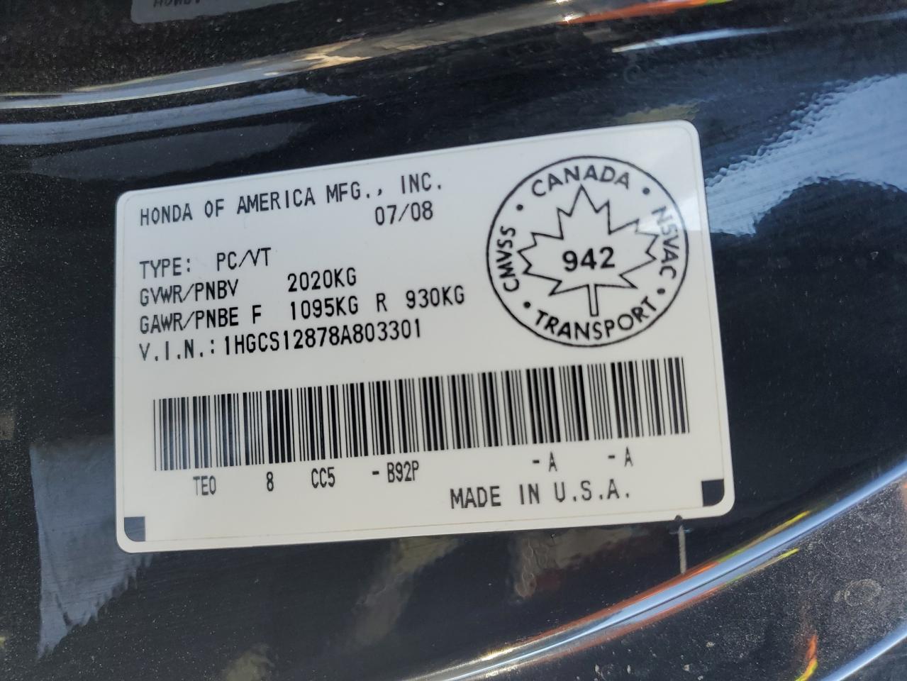 1HGCS12878A803301 2008 Honda Accord Exl