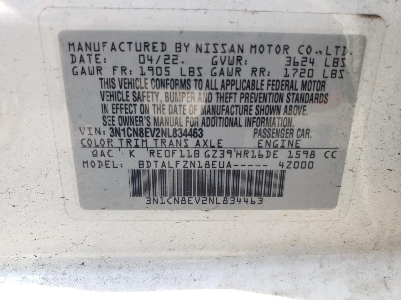 3N1CN8EV2NL834463 2022 Nissan Versa Sv