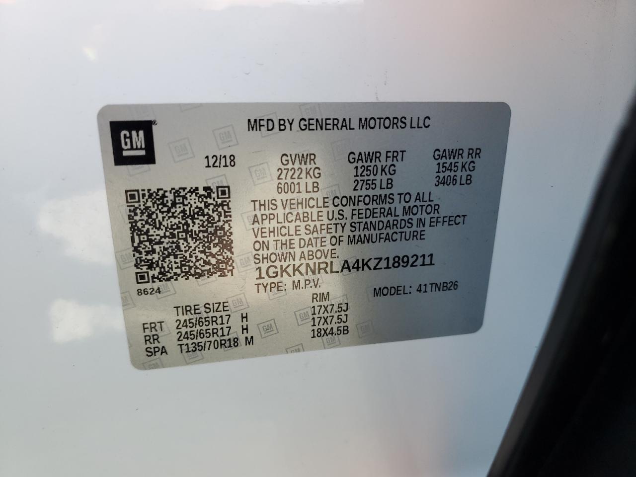 1GKKNRLA4KZ189211 2019 GMC Acadia Sle