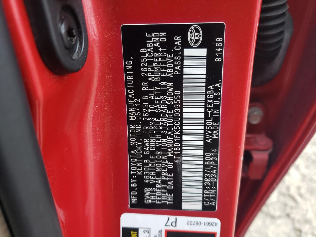 4T1BD1FK5CU033550 2012 Toyota Camry Hybrid