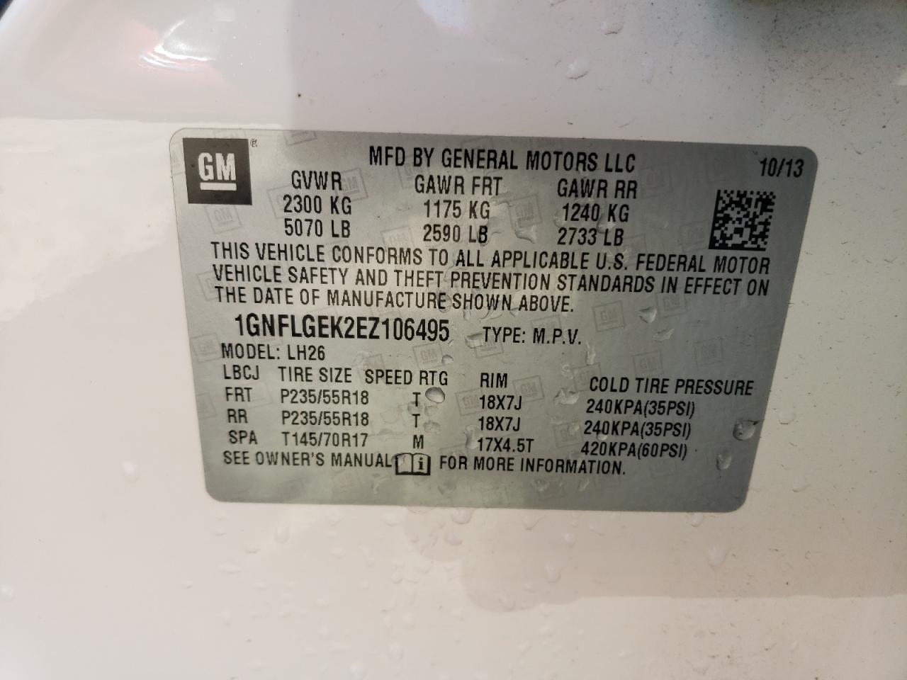 1GNFLGEK2EZ106495 2014 Chevrolet Equinox Lt